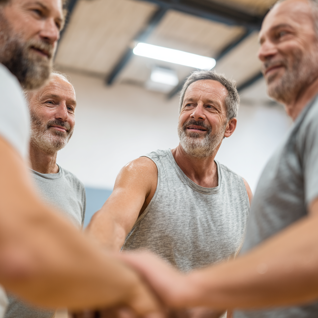 Group of middle-aged men supporting each other during fitness training session