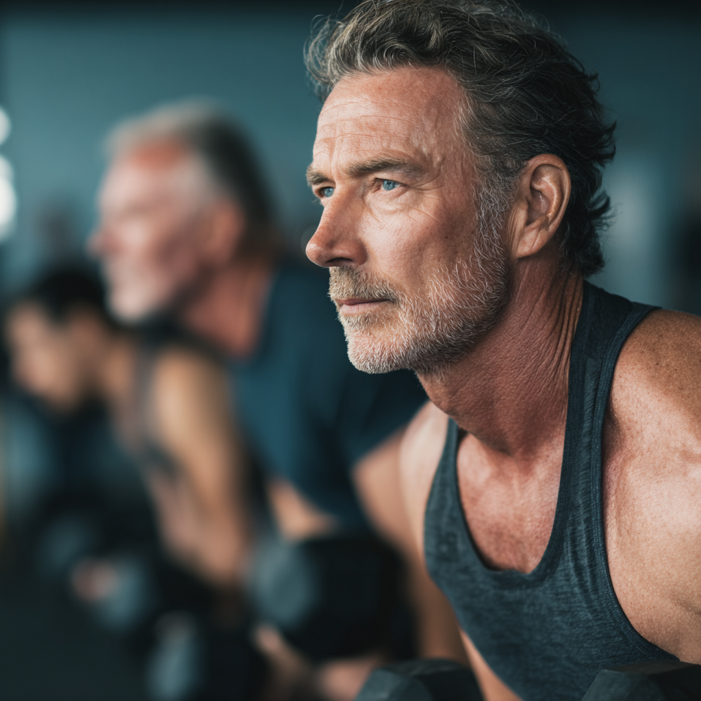 Middle-aged men engaged in strength training and fitness activities