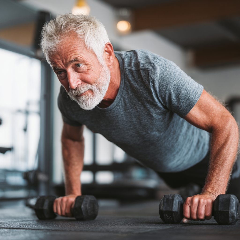 Older adult man demonstrating disciplined workout routine and healthy lifestyle